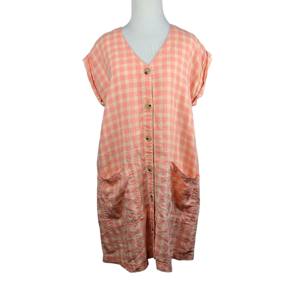 Lou & Grey Pink And Cream Gingham Linen Dress Size MP